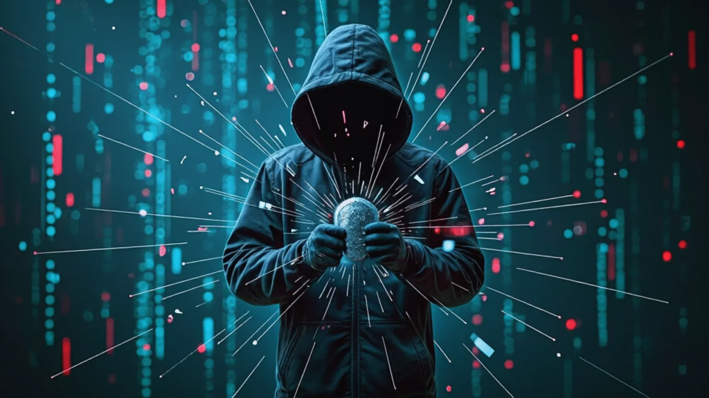 Imagen generada por inteligencia artificial, de un hacker en un ambiente cibernético. Escena surrealista