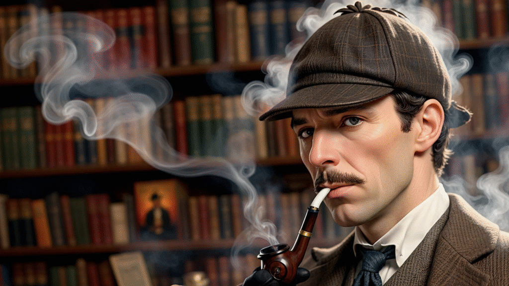 imagen generada por inteligencia artificial de Sherlock Holmes. Al fondo se puede ver una biblioteca